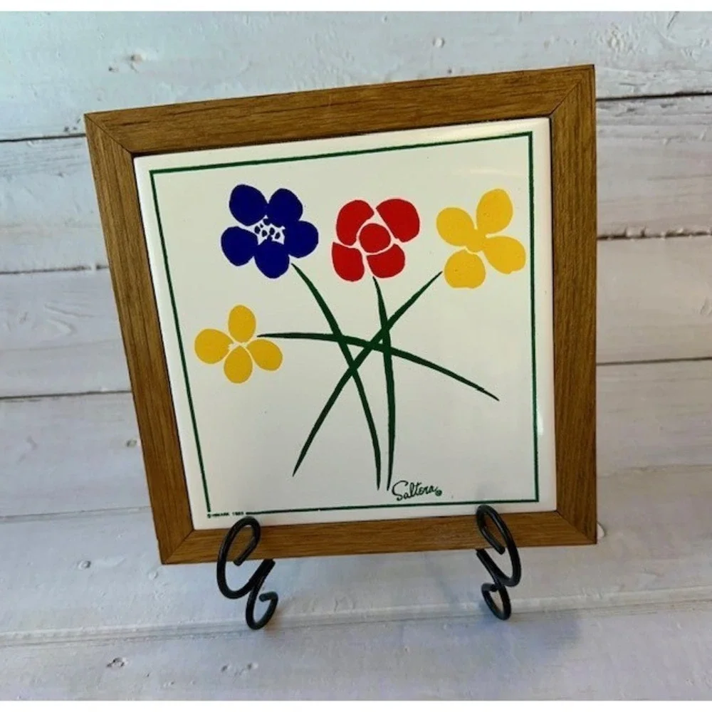 Vintage 1983 Himark Saltera Framed Floral Tile Trivet Blue Red Yellow Flowers
